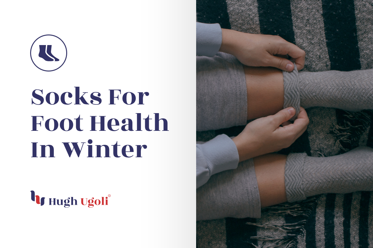 Person adjusting cozy gray knee-high socks while sitting on a striped rug, emphasizing warmth and foot care during winter. The image suggests comfort and health-focused sock choices for cold weather.
